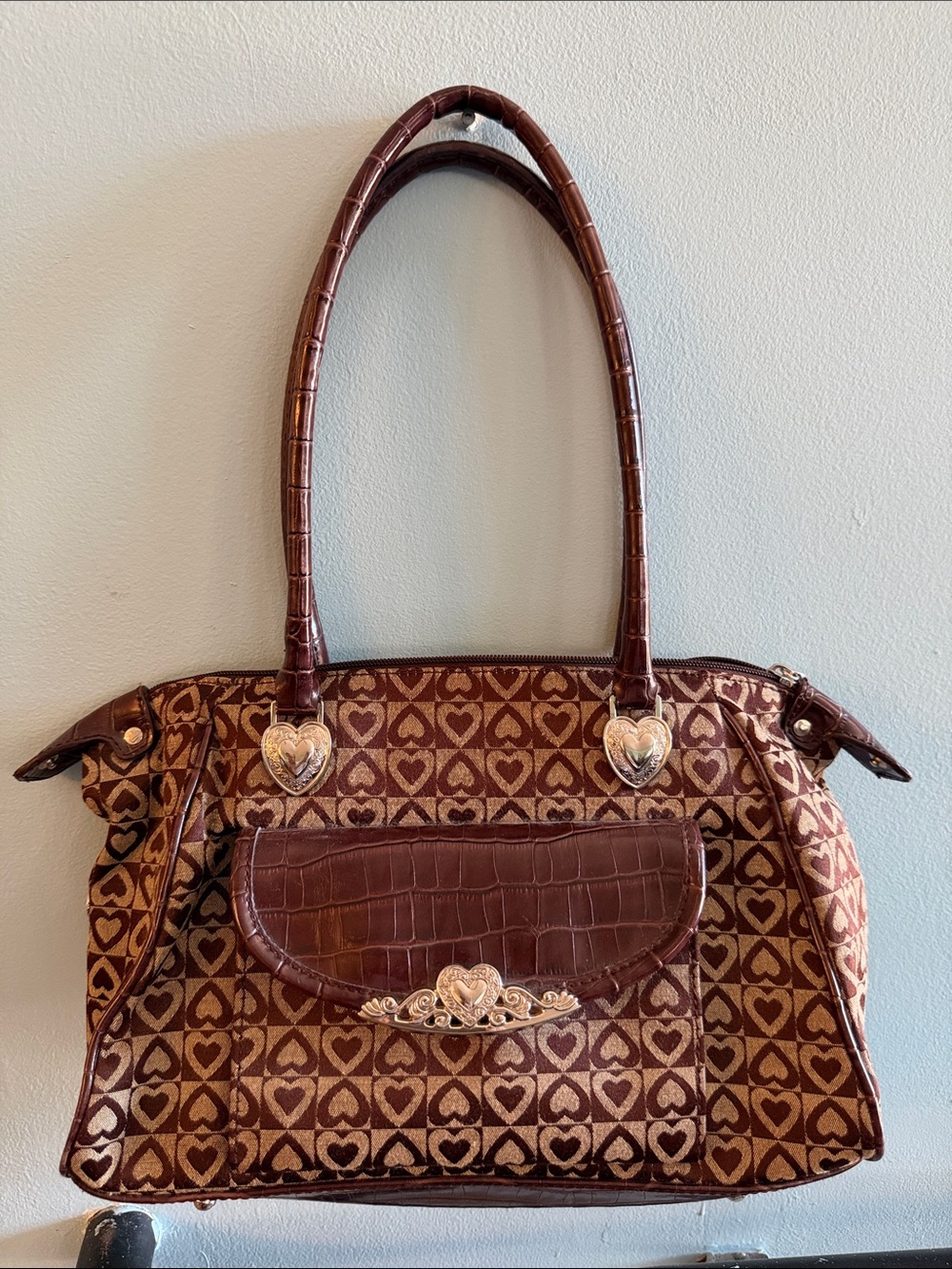 Brown Heart-Pattern Bag with Croc Accents